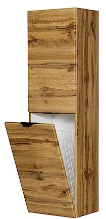 Quentis Badmöbel Badschrank VICTA/Victor (weiß matt/schwarz matt/Eiche Natur), Badezimmer Hochschrank mit 2 Türen, inkl. Wäschekorb, vormontierte Lieferung (Eiche Natur)