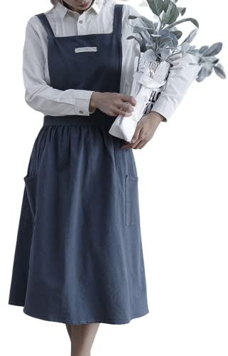 Gaf Nuncew Schürze damen, japanische kochschürze damen, Baumwolle und Leinen, mit gekreuzten Trägern, Lätzchen, einfarbig, Baumwolle, Vintage, Küchenschürze mit 2 Taschen Gartenarbeit, Floristik