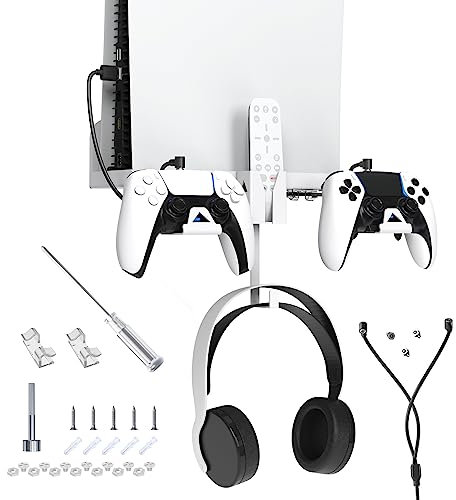 Saterkali PS5 Spielekonsole Halterung Regal 2 in 1 Magnetisches Ladekabel mit Kopfhörer-Aufhänger Wandhalterung Einfache Installation Multifunktionale Game Controller Halterung PS5 Zubehör Kit Weiß