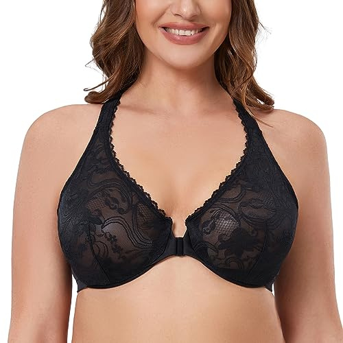 MELENECA Women's Plus Size Racerback Unlined Lace Underwire Front Closure Bra Black 38G