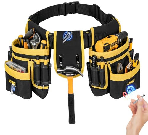 Tool Belt,Magnetic Tool Pouch,27-Pockets Heavy Duty Padded Tool Belts for Men,Detachable & Adjustable Tool Pouch Bag for Electrician,Carpenter,Construction,Work Apron,Utility Belt,Black,Yellow