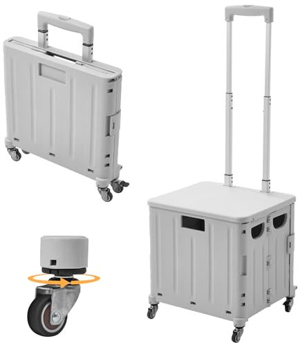 The Fellie 45L Foldable Shopping Trolley with 4 Rotate Wheels, Storage Boot Cart with Adjustable Telescopic Aluminium Handle, Portable Crate Handcart with Lid Grocery Trolley for Camping(30KG, Grey)