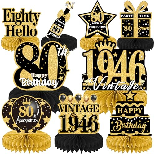 Luvart 80th Birthday Decorations - 9pcs Black and Gold Table Decorations for 1946 80th Birthday Party Decor Men Women Honeycomb Decs Vintage Party Table Decor Supplies