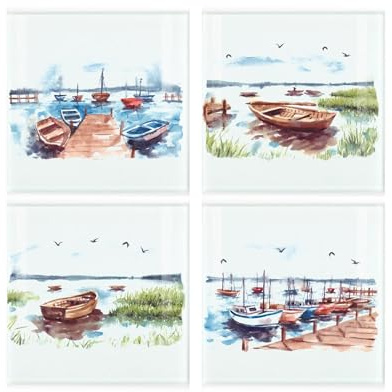 Seaside Boats - Juego de 4 posavasos cuadrados pintados de vidrio para vela/barcos de remo