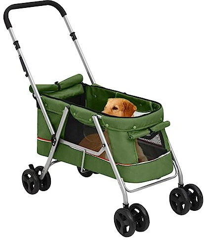 FENLAX Hundewagen Faltbar Grün Leinenstoff 100x49x96 cm Hundebuggy für Kleine Hunde Wagen für Katzen Katzenwagen für Draußen Wagen für Hunde Haustier-Buggy für Hunde und Andere Haustiere
