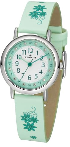 Atrium Kinder Armbanduhr Mädchen Analog Quarz extra deutlich mit Kunstlederband Blumen Mint Türkis A47-13