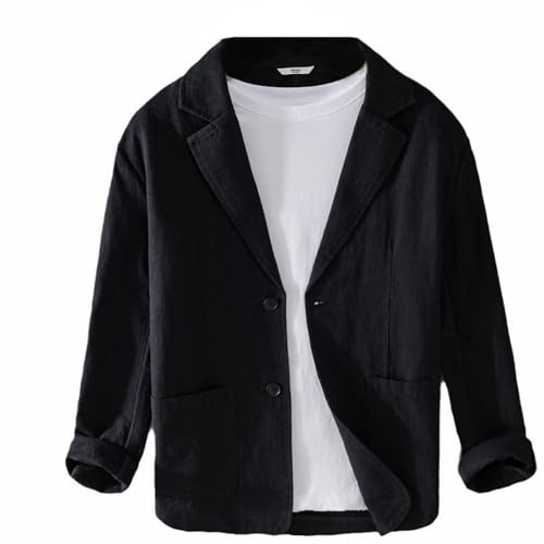 GIBZ Blazers de Lino para Primavera y Verano para Hombre Chaqueta de Traje Sencilla y Versátil con Solapa con Muescas Blazer Abrigo Deportivo de 2 Botones con Bolsillo Negro M