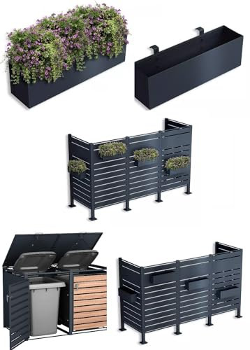 DWD Hanging Flower Planter Box Trough Modern Powder Coated Galvanised Steel Anthracite Grey Matches Wheelie Bins Storage, Hang on Slatted Door, Fence Balcony Gate Privacy Screens 50cmW x 12cmD x 15cmH