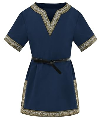Haloumoning Tunica medievale per bambini, per cosplay, Halloween, rinascimentale, vichingo, guerriero cavaliere, Blu scuro, 10-12 Anni