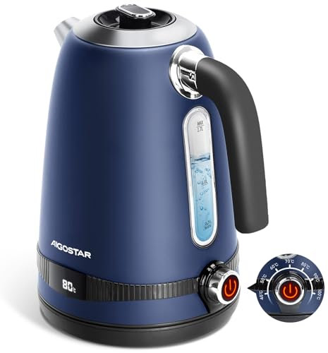 Aigostar Hervidor Agua Electrico Control Temperatura 1,7 Liter en Azul Oscuro - Hervidor de Agua con Regulador de Temperatura 2200W, con Función Térmica, Sin Plástico en el Interior, Libre de BPA