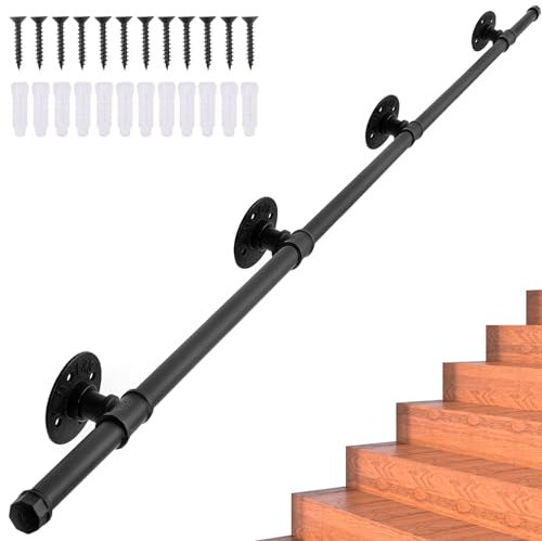 Magtctyae 4M Handrails for Stairs Black Indoor Bannister Stair Handrail Stair Hand Rails with Fittings Wall Mounted Industrial Pipe Wrought Iron Staircase Handrail