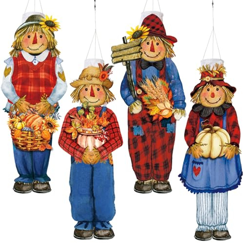 Moucuny 4 Stück Herbst-Windsack, Vogelscheuche, Windsack, Außendekoration, Garten, hängende Windsocken für draußen, lichtbeständig, Flagge für Thanksgiving, Herbst, Party-Dekorationen