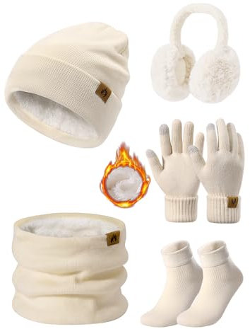 Niwicee Mütze Schal Handschuhe Damen Winter Set Fleece Gefütterte Wärmer Loop Schlauchschal Touchscreen Handschuhe Beanie Strickmütze Dicke Socken Plüsch Ohrenschützer Kombi Set 5 Stücke (Beige)
