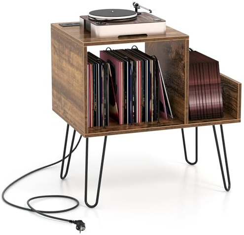 COSTWAY Sidobord med laddningsstation, skivspelarstativ med skiljeväggar och sidohylla, industriellt nattduksbord med uttag, vinylhållare för upp till 145 album (brun)