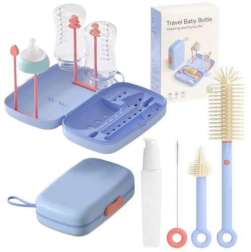 UABA Limpia Biberones 7 en 1, Cepillos, Escurre, Bote Jabón, Azul, sin BPA
