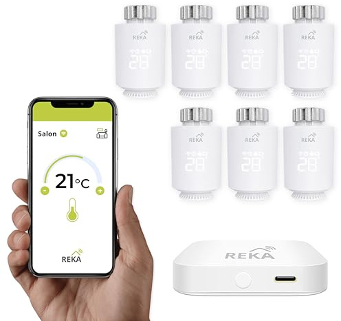 Tête Thermostatique Intelligente Connectée REKA - Contrôle Température Via Appli Tuya, Programmation, Détection Fenêtres Ouvertes - Compatible Assistants Vocaux (7, avec Passerelle)