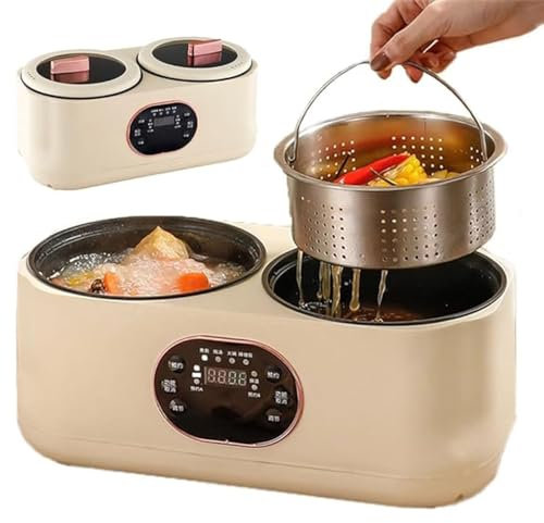 Pentola Doppia Completamente Automatica, Multifunzione Integrato da 1200 W, con Vaporiera a Doppio Controllo, 2,1-4 L,9,5 Ore, Campeggio, 37 * 19,5 * 17 Cm（Bianco Sporco）