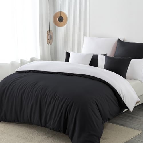 Nesture Parure de lit 135x200 3 pièces Noir/Blanc Ensemble de linge de lit en microfibre Parure de lit réversible 135 x 200, douce & sans repassage 1 housse de couette + 1 taie d'oreiller 80x80 + 1