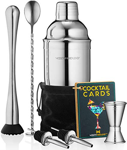 8-teiliges Edelstahl Bartender Set mit 700ml Cocktail Shaker–Professionelles Barzubehör inkl. 2 Ausgießer, Muddler, Jigger&Rührlöffel | Komplettset mit Sieb und Samtbeutel für Home Bar, Party (Silber)