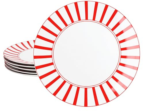 MamboCat Split Lot de 6 assiettes plates rouges I Ø 27 cm I Assiettes plates en porcelaine avec rayures pour 6 personnes I Grandes assiettes pour repas principaux, barbecue, etc