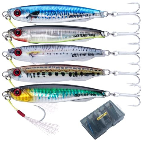 Goture 5 Stück Kunstköder Set, Angelköder Pilker Wobbler Fischlöffel Fischköder für Salzwasser Süßwasserforellen Lachs, Forelle, mit Kopf Einzelhaken & Heller Draht Schwanz DREI Haken Köder 60g