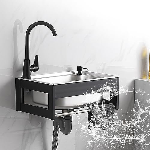 Handwaschbecken aus Edelstahl zur Wandmontage, Mehrzweckspülbecken, Handwaschbecken, gewerbliches Restaurantspülbecken mit Wasserhahn und Handtuchhalter, kleines Gartensp,Hot+cold-38X33cm
