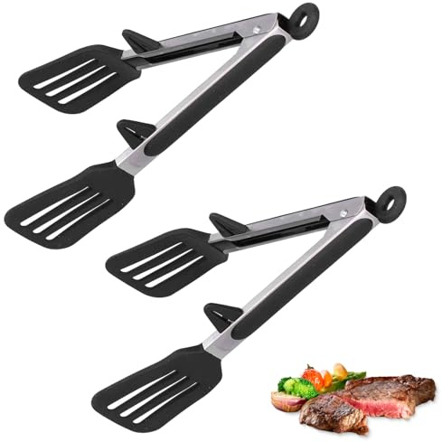 2 Pezzi Pinza da Cucina, 30,5 cm Pinza per Servire in Silicone in Acciaio Inox Pinza per Spatola per Alimenti Pinze da Servizio Antiaderente Pinze per Bistecca Barbecue (12inch-Nero)