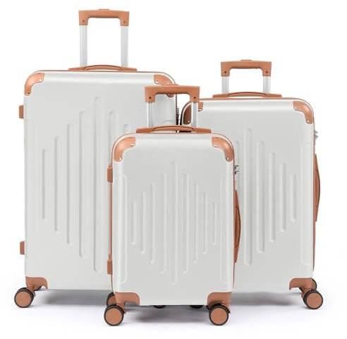 LALAHO Kofferset 3 teilig Hartschale, Reisekoffer mit Rollen Groß, Koffer Set 3 Stück aus ABS, Handgepäck mit Eckenschutz, Kontrastfarben-Design, Cremeweiß