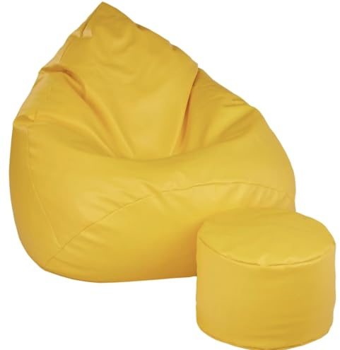 Pouf Poltrona Sacco con Poggiapiedi Giallo 95x95x120 cm - Poltrona Pouf Sacco XXL da Interno in Ecopelle - Morbido e Confortevole - Bean Bag per Adulti e Bambini - Mobili per Soggiorno