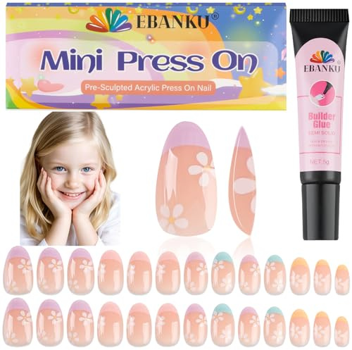 EBANKU 26 Stück Kinder falsche Nägel Kinder Mädchen drücken auf kurze künstliche falsche Nägel niedlich volle Abdeckung Acryl Nagel Tip Kit für Mädchen Nagel Dekoration | Pink Flower Press on Nails für Mädchen 5-12 Jahre mit Nagelkleber