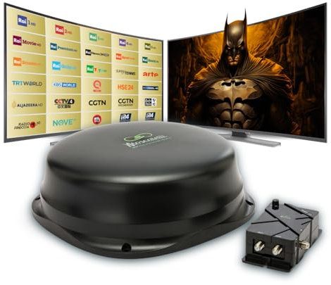 MOSCATELLI Antenna TV Camper Omnidirezionale DVB-T/T2 per Interno/Esterno – Antenna Camper 12/24/220V con Filtro LTE 4G – Kit Completo con Amplificatore Potente e Cavi Coassiali – Nero