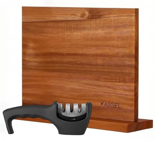 KASSEL Bloque magnético para cuchillos con afilador de cuchillos, soporte magnético de madera de acacia de doble cara, soporte de exhibición de cuchillos de cocina de 12 x 10 pulgadas para encimeras