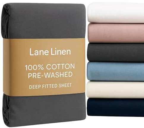 Lane Linen 100% Cotton Fitted Sheet – Double Bed – Pre-Washed Percale – Deep 38cm Pocket – Soft, Breathable & Durable – Hotel-Style Bottom Sheet – Charcoal