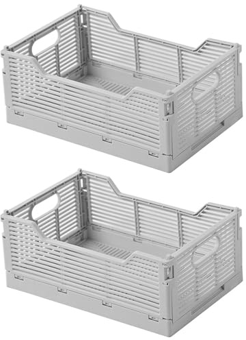 Spesh Klappbox 2 Stück Klappkiste Faltbar Aufbewahrungskörbe Stapelbar Aufbewahrungsboxen für Küche,Bad,Büro,Schrank(Grau, 30*20*12cm)