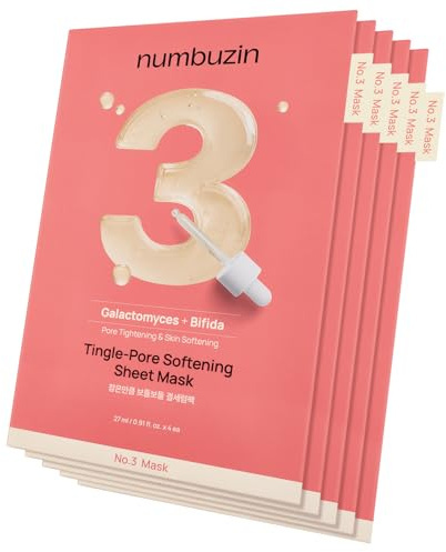 numbuzin Mascarilla de hojas n.º 3 | 5 hojas | Máscara facial reafirmante de poros | Máscara facial reductora de poros | Mascarilla facial alisadora de la piel con Bifidax | Hidrata, suaviza la piel
