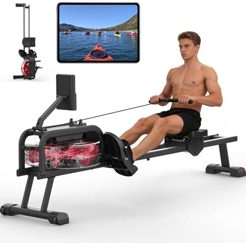 Neezee Rudergerät für zuhause, Rudergerät Wasser mit Professioneller Bluetooth-Monitor und Tablet-Halterung, Max 160kg Belastbar, Vertikale Lagerung, Transporträder für Einfache Bewegung