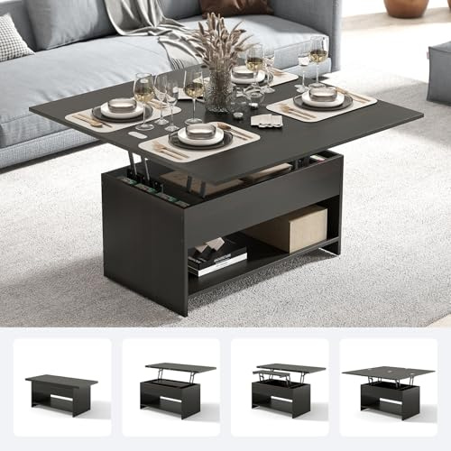 Manora Couchtisch Höhenverstellbar Schwarz, 3-in-1-Multifunktions-Wohnzimmertisch, Kaffeetisch, Versteckter Aufbewahrung, Offenes Fach, Als Esstisch nutzbar, für Wohnzimmer, Büro (Rauchbraun)