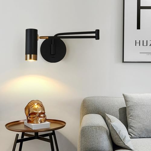 KRIPINC Ausziehbare Wandlampe mit Schalter und Schwenkarm, Leselampe Wand | mit Verstellbarem Langen Arm, Schwenkbar Vintage Industriell E27 5W LED Wandleuchte, für Wohnzimmer Schlafzimmer, Schwarz