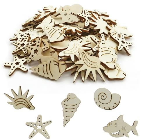 100 Stück Meerestiere Holzscheiben zum Basteln und Bemalen, DIY Handwerk Streudeko Holzformen für Kinder, Maritime Tischdekoration und Streudeko für Geburtstag Hochzeit Unterwasserwelt Deko