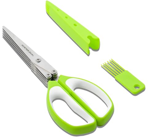 5 Blades Herb Scissors - Professional Kitchen Shears with Safety Cover for Cutting Green Onions, Fresh Herbs, Vegetables & Salad Food Prep, Must-Have Cooking Gadgets (Green, White, 8.7 inch)