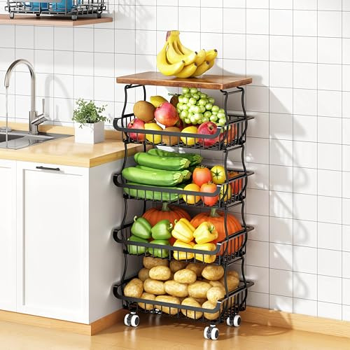 Corbeille à fruits à légumes à 5 niveaux pour cuisine, paniers de rangement empilables en métal avec roulettes roulantes, organiseurs de garde-manger et rangement pour cuisine, salle de bain, salon