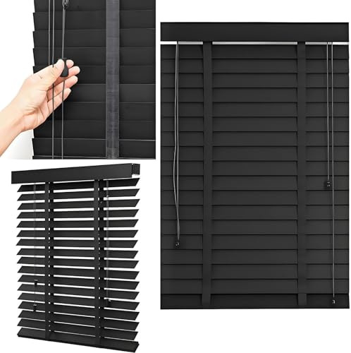 50mm Slats Indoor Window Wood Blinds, 40cm 60cm 80cm 100cm 120cm 140cm 160cm 180cm 200cm 215cm Horizontal Wooden Venetian Blind, Cordless Blackout Privacy Venetian Shades for Home(Black)