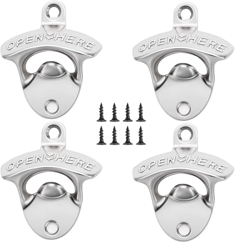 Flaschenöffner Wand, 4 Stück Bieröffner Wand aus Zinklegierung, Silberne Wandflaschenöffner für Bars, Küchen und Outdoor-Bereiche, Elegantes und Robustes Design für Einfache Montage (63 x 74 mm)