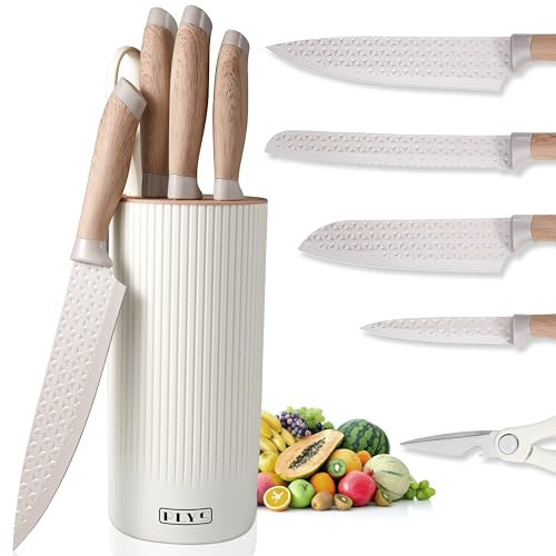 Set de Couteaux Professionnels : Ensemble de 6 Pièces, Comprenant 2 Couteaux de Cuisine, 1 Couteau à Pain, 1 Paire de Ciseaux et Un Bloc de Couteaux Universel, Pour Viande, Légumes et Fruits, Kaki