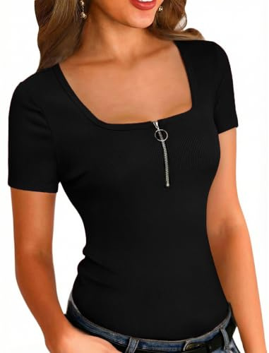 Totatuit T-shirt Femme Manches Courtes Côtelé Ajusté Col U avec Zip Haut | Été, Tenue Quotidienne, Facile à Associer, Style Polyvalent