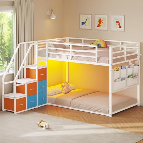 Low Bunk Bed Twin Over Twin with Storage Staircase & 6 Drawers, LED Lights | Twin Bunk Beds for Kids with 6-Pocket Organizer, Metal Floor Bunk Bed with Safety Guardrails & Metal Slats, for Small Bedroom