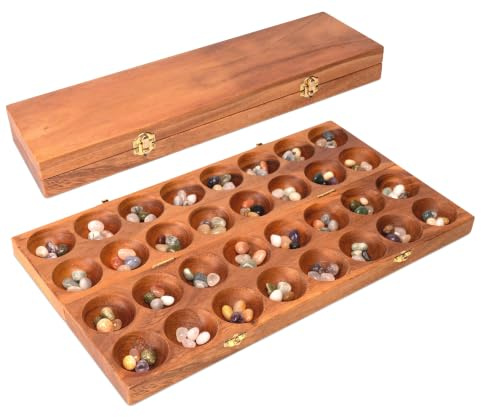 LOGOPLAY Hus Spiel aus Holz mit antikem goldenen Verschluss – Kalaha/Bao Mancala Brettspiel für 2 Spieler – inkl. Edelsteine – Klappbar 44 x 26 cm – Strategiespiel