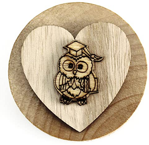 DLM32823 (Kit 6 Pezzi) Apri Bottiglie Apribottiglie con Calamita Moderno Design Tondo in Legno + Scatolina in bambù Cuore e Gufo Gufetto Cappello Laurea bomboniera