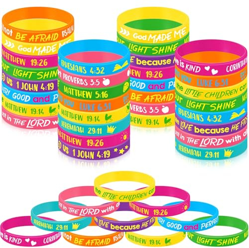Gueevin 60 Pcs Bible Verse Bracelets for Kids Christian Scripture Bracelets Jesus Wristband Religious Motivational Valentine Kids School Gifts Classroom Prizes (Classic,Classic Color)