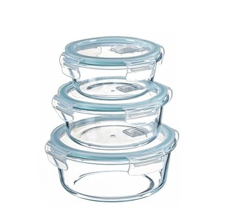 DAMDAM GO - Set de 3 fiambreras de Cristal con Tapa - herméticos antifugas para Horno microondas congelador y lavavajillas - Redonda